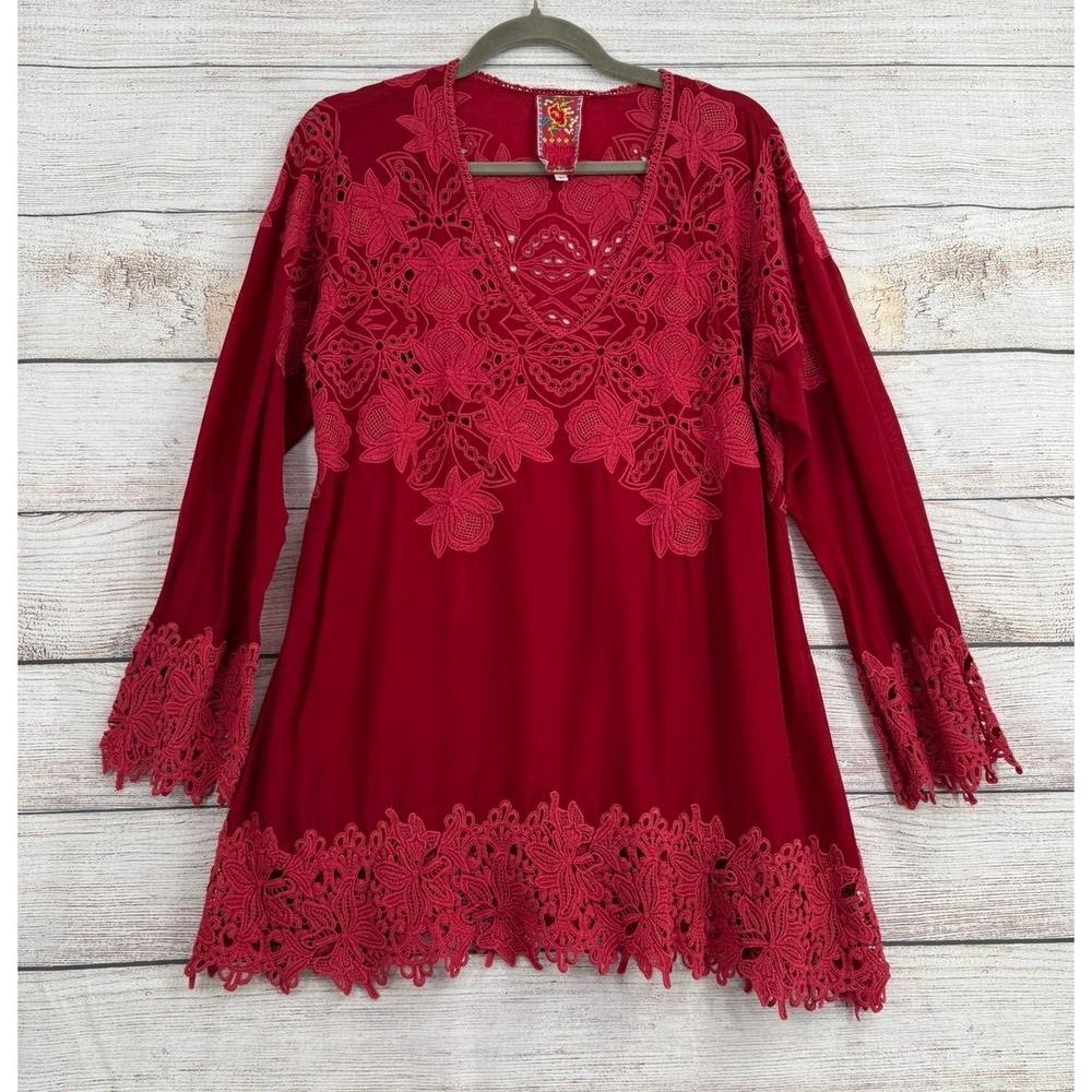 Johnny Was Tunic Top Women Large Red Embroidered Lace V-Neck Long Sleeve Boho